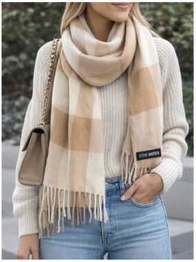 Steve Madden Plaid Fringe Scarf Beige Cream One